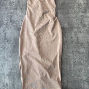 Lace Up Beige Bodycon Sleeveless Midi Dress Spaghetti Strap Open Back Women’s L